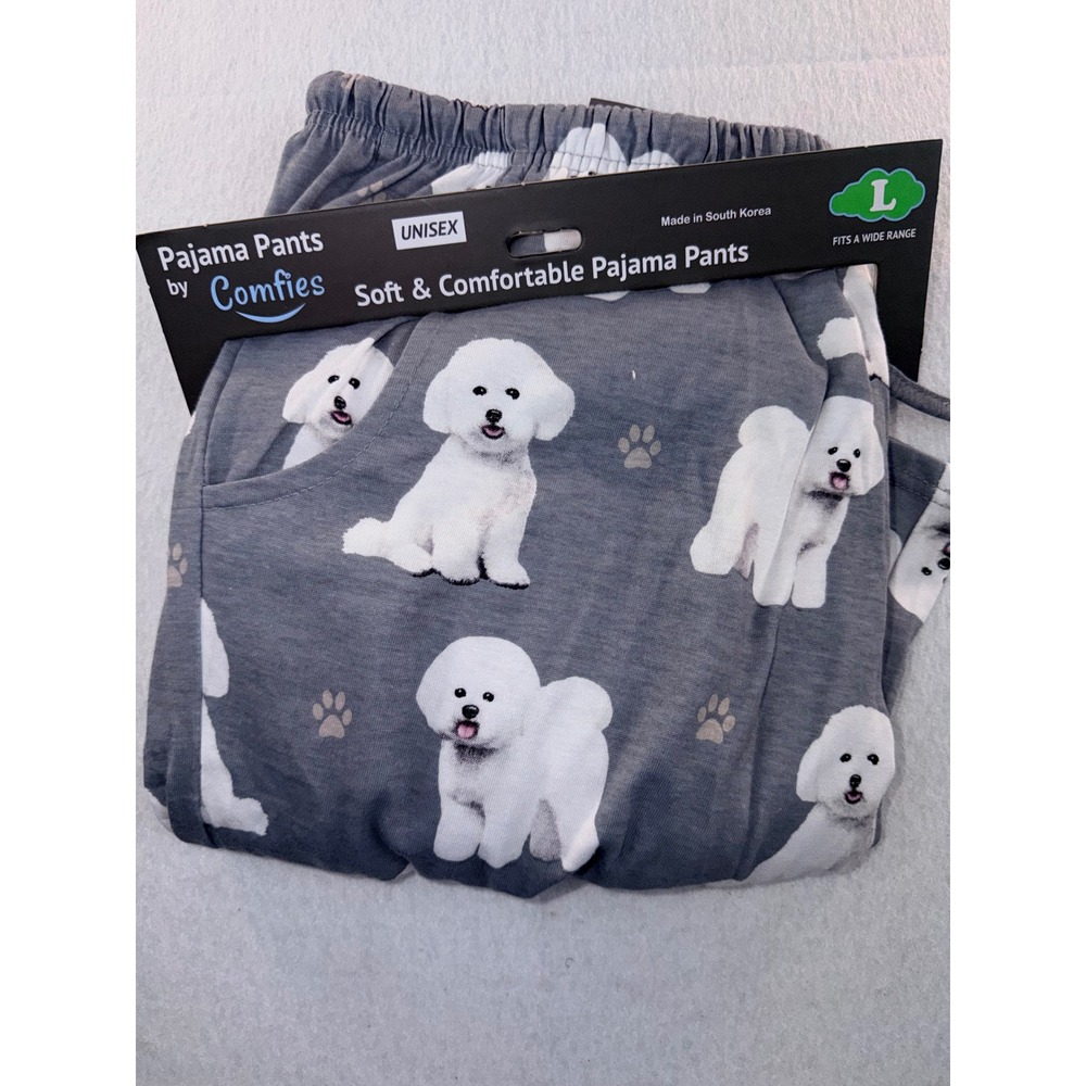 Comfies Unisex Bichon Frise Dog Print Pajama Pants Grey Size Large NEW